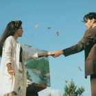 Keine Texte vorhanden. Eine Frau im weißen Mantel hält die Hand eines Mannes in einem Anzug vor einer Staffelei in der Natur.