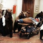 Eine bärenbekleidete Gruppe steht in einem Flur; ein Mensch liegt auf einem Rollwagen, umgeben von Büsten und Pflanzen.