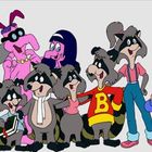 Eine bunte Gruppe von cartoonartigen Tieren, darunter Wölfe, Schweine und Hunde, in fröhlichen Posen.