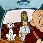 Illustration: Eine Person mit Helm und der Zahl 9 sitzt im Auto, neben einem weißen Hund. Vorne fährt ein lächelnder Fahrer.