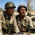 Zwei Soldaten in staubigen Uniformen und Helmen, mit entschlossenen Gesichtern in einer kriegerischen Umgebung.