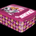 Der Text "SKYE!" ist auf einer rosafarbenen Box mit Illustrationen eines Hundes in einem Hubschrauber und kariertem Muster.