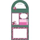 Block mit Notizen, To-Do-Liste, Blumenmuster, Kolibri und Ausrufezeichen. Florale Illustration in Rosa und Grün.