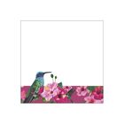 Keine sichtbaren Texte. Unten rosa Hibiskusblüten und ein grün-blauer Kolibri auf lila Hintergrund.