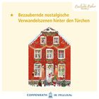 Bezaubernde nostalgische Verwandelszenen hinter den Türen. Illustration eines festlich dekorierten roten Hauses im Schnee.
