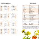 "Jahresübersicht 2027" und "Feiertage 2027" stehen oben. Kalender und Feiertage aufgelistet. Blumenillustration am Rand.