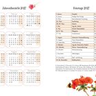 Jahresübersicht 2027, Feiertage 2027. Kalender von Januar bis Dezember. Blumendekorationen mit roten Blüten.