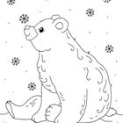 Illustration eines sitzenden Eisbären mit Schneeflocken im Hintergrund.