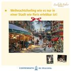 Weihnachtsstimmung in Paris mit beleuchteten Straßen, einem Café und Menschen im Schnee; Eiffelturm im Hintergrund.