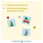 "Fröhliche Adventskarten. Mit kleinen Wattekugeln als besonderes Extra." Drei Karten mit Baum, Auto und Rentier.