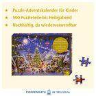 Text: Puzzle-Adventskalender für Kinder, 500 Puzzleteile bis Heiligabend, Nachhaltig, da wiederverwendbar. Logo unten.