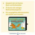 Ein Komplett-Set mit Karten, Block und Drehscheibe zeigt ein rotes Eichhörnchen mit Nüssen vor schneebedeckten Tannen.