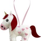 Plüsch-Einhorn-Anhänger; weißes Fell, rote Mähne, goldfarbenes Horn, rosa Herzmuster, roter Schweif, rosa Band.