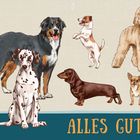 "ALLES GUTE!" in großen Buchstaben unten, Illustration von sechs verschiedenen Hunderassen.