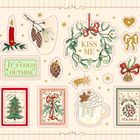 "KISS ME", "IT'S COLD OUTSIDE“, „FÜR DICH“. Illustration mit Weihnachtsmotiven: Mistelzweig, Kerze, Tanne, Tasse.