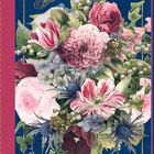 Illustration mit buntem Blumenstrauß, Schmetterlingen und Blättern auf dunkelblauem Hintergrund.