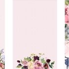 "MB" ist klein neben floralen Illustrationen in Pastelltönen auf hellrosa gepunktetem Hintergrund platziert.