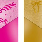 Links "Just for you" in Pink auf glitzerndem Hintergrund, Zuckerstangenmuster. Rechts "Merry X-Mas" in Gold mit Schleife.