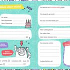 Das Bild zeigt ein verspieltes Monster-Thema zum Ausfüllen persönlicher Informationen, mit farbenfrohen Illustrationen und Fragen.