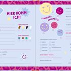 Vorlage zum Ausfüllen: Name, Geburtstag, Haar- und Augenfarbe, Hobbys, Lieblingsfach. Illustrationen: Smiley-Gesichter.