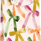 Bunte Schleifen in Rosa, Grün, Orange und Gelb, arrangiert mit goldenen Punkten, auf einem Geschenkpapier.