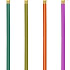 Vier bunte Bleistifte in Grün, Oliv, Orange und Lila mit Blumen aus Stoff als Dekoration an den Enden.