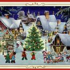 Winterliches Dorf mit verschneiten Häusern, Kindern beim Spielen, einem geschmückten Weihnachtsbaum und einer festlichen Szene.