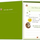 Links: "Diese Box gehört:", daneben ein Vogel. Rechts: Textfelder zur Geburt eines Kindes, umrahmt von Illustrationen eines Igels und Vögeln.