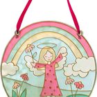 Illustration eines Engels unter einem Regenbogen mit Blumen, Wolken und einem Heiligenschein.