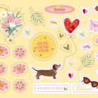 "GUTE-LAUNE-CLUB", "ICH DENK AN DICH!", "HELLO SUNSHINE", "Danke". Fröhliche Motive: Blumen, Herzen, Schmetterlinge, Hund.