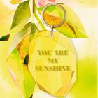 "YOU ARE MY SUNSHINE" steht auf einem gelben Anhänger, illustriert mit bunten Blättern und Formen auf gelbem Hintergrund.