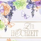 Text "Zur Hochzeit" in eleganter Schrift. Farbenfrohe Blumen und Schmetterlinge in Blau, Orange und Grün.