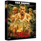 "Van Damme", "In Hell". Illustration: Muskelbepackter Mann im Tanktop, kampfbereit, umgeben von Gefängnisszene.