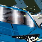 Illustration eines blauen Autos, das von vorne zu sehen ist. Es gibt helle Spiegelungen auf der Windschutzscheibe.