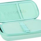 Mintgrüne Tasche mit Netzfach links und elastischen Haltern rechts, geöffnet, schlichtes Design.