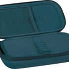 Ein geöffnetes, rechteckiges, dunkelgrünes Etui mit Netzfach und elastischen Schlaufen innen.