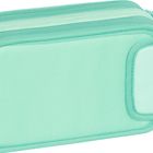 Ein hellgrünes Etui mit Reißverschluss und abgerundeten Ecken.