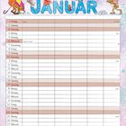 Kalender für den Monat Januar. Illustration: Fuchs und Tiere im Winter, mit Schneebällen und Mützen.