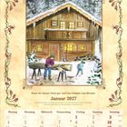 Kalenderblatt Januar 2027, zeigt eine verschneite Holzhütte. Spruch: "Braut der Januar Nebel gar..." Mensch sägt Holz.