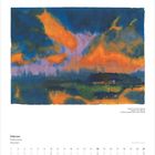 Kalenderseite für Februar 2027, unten Wochentage und Daten. Aquarell mit blau-orangem Himmel und Landschaft.