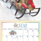 JANUAR Kalender, Neujahr am 1., Heilige Drei Könige am 6.; Illustration von drei Bären auf einem Schlitten im Schnee.