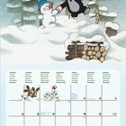 Kalenderblatt mit Wochentagen auf Englisch, Französisch, Spanisch, Deutsch und mehr. Illustration von Maulwurf und Schneemann im Wald.