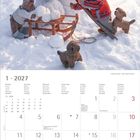 1 · 2027. Kalenderblatt mit Bären, die einen Schneemann bauen. Januar mit Wochentagen in mehreren Sprachen.