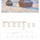 Kalenderblatt für Januar in mehreren Sprachen. Eindruck eines pastellfarbenen Gemäldes mit zwei Heuschobern im Schnee.