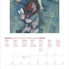 Kalenderblatt für Januar mit Wochentagen auf mehreren Sprachen. Oben eine Illustration von einem Engel und einem Mann mit Ziege.