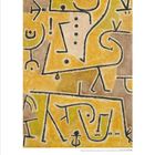 Kalenderblatt: Zahlenreihe 1-31 unten; links "01", rechts "DUMONT". Gemälde mit abstrakten Formen und gelb-braunen Tönen.