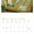 Kalendervordruck für Februar mit Wochentagen in verschiedenen Sprachen. Ein Gemälde mit Zwiebeln und Kerze oben.