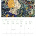 Kalender mit Januar. Tage in mehreren Sprachen. Oben ein Gemälde mit abstraktem Stil und lebhaften Farben.