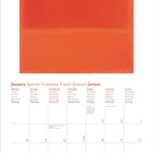 "January, Janvier, Gennario, Enero, Januari, Januar." Kalenderblatt mit abstraktem Gemälde in Orange- und Rottönen oben.