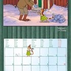 Kalenderseite mit "Montag" bis "Sonntag" in mehreren Sprachen. Illustration: Mann und Katze beim Schneeballspiel vor einem Haus.